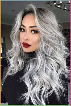 Long Black And Silver Hair, Dark Gray Ombre Hair, Long Black Hair With Gray Highlights, Highlights Grown Out, Grey Silver Hair Color, Ice Grey Hair, Silver Brunette Hair, Silver Hair With Shadow Root, Blonde With Silver Highlights