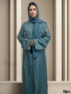 Bjux - Maxi Dress for Plus Size Women: Modest Jalabiya Dress with Floral Embroidery, Long Sleeves and Round Neck, Loose Fit Blue Embroidered Long Abaya, Floral Embroidered Abaya For Eid Wedding, Eid Festive Abaya With Floral Embroidery, Festive Floral Embroidered Abaya For Eid, Dabka Embroidered Maxi Dress For Eid, Eid Embroidered Maxi Dress With Dabka, Long Embroidered Dress With Floral Design For Eid, Blue Traditional Abaya For Eid, Eid Embroidered Dabka Maxi Dress