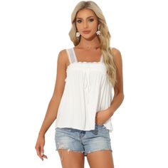 Square Neck with Lace Panel Straps and Front, this casual sleeveless top is really stylish. Elastic Back design with cute flowy hem, the blouse is elegant and can be pair with jeans, skirts, sandals and heels. Sleeveless tank tops with flowy hem, special eyelet embroidery lace straps makes you special and outstanding in the crowd. Ruffles hem and elastic back design, It's feminine and flowy to hide the stomach which suitable for any body shape. The versatile sleeveless tops pairs perfectly with Flowy Shirts, Womens Tank Tops Summer, Tie Waist Top, Sleeveless Tops Summer, Ruffle Tank Top, Eyelet Embroidery, Women Halter, Lace Straps, Plus Size Tank Tops