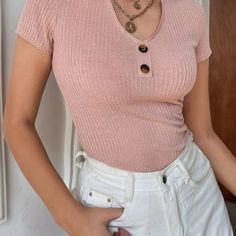 Never Worn Frenchy V Neck Line Tee Shirt! The Material Is Amazing Just Waiting For A New Home Women T Shirts, Shein Tops, Blouse Dress, V Neck Tee, Cute Shirts, Diy Clothes, Baby Pink, Summer Women, Fashion Inspo Outfits