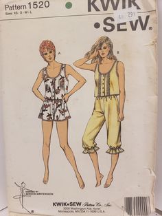 Shipping Continues with Stallion Express...Size XS to L.  Kwik Sew 1520; ©1986; Misses' Pajamas. Misses' pajamas have short sleeveless tops, scoop necklines and button closures on fronts. View A has short pants with buttoned fly and elastic in casing at waist. View B has below knee length pants which are gathered with elastic and have elastic in casing at waist. Both views have lace trim. Package has lots of wear Pattern excellent UNCUT ----------------------------------------------------------- Pajamas Pattern, Knee Length Pants, Pattern Illustrations, Construction Images, Nightgown Pattern, Kwik Sew Patterns, Vintage Pajamas, Tap Pants, 1960's Fashion