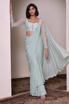 Mint crepe georgette pre-draped saree with pearls hand embellishments. Comes with a flat silk padded blouse. - Aza Fashions Elegant Pre-draped Chiffon Saree With Unstitched Blouse, Elegant Chiffon Pre-draped Saree With Unstitched Blouse, Chiffon Blouse With Traditional Drape For Wedding, Elegant Fitted Georgette Pre-draped Saree, Traditional Drape Chiffon Blouse For Wedding, Fitted Chiffon Saree For Evening, Designer Georgette Saree With Draped Sleeves, Traditional Georgette Pre-draped Saree With Draped Sleeves, Elegant Georgette Blouse With Draped Sleeves