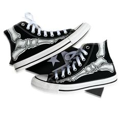 These shoes are truly bad to the bone! Spooky season can be all year long and these custom skeleton feet shoes are perfect for those who agree. These Black High Top Converse feature bones like you're looking through the shoes! We buy each pair of shoes BRAND NEW. Each pair is made to order, please make sure you put in the correct shoe size before you check out. The ink is permanent and will never come off. Made in the USA. This price includes everything: shoes, artwork, and shipping. Thanks for stopping by our Etsy shop! Please message me with any questions! Please know your size before ordering. Sizes listed are in US sizing scale. Note: Blvd Custom is in no way affiliated with any of the shoe brands or companies that are featured on our website. Each pair of shoes is ordered lawfully bou Converse Run Star Hike Black, Emo Shoes, Grunge Shoes, Shoes Png, Converse High Top, Converse Run Star Hike, Black High Top Converse, Y2k Shoes, Converse Run