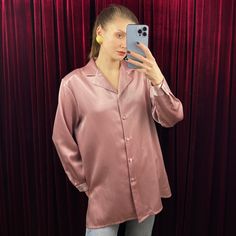 - Vintage pink silky blouse - 100% polyester - Made in France - Very good condition - Tag size FR 44, please see measurements Measurements (laying flat): Shoulders: 42 cm / 16.5 inches  Armpit to armpit: 54 cm / 21.3 inches  Sleeve length: 59 cm / 23.2 inches  Length: 75 cm / 29.5 inches SHIPPING INFO: Shipping price in the listing is for the "Standard Latvian post shipping". Includes tracking info and takes: * 5 business days within European Union * 10-15 business days to United States and Cana Pink Silk Collared Blouse, Pink Silk Button-up Blouse, Pink Silk Button-up Top, Pink Long Sleeve Satin Top, Long Sleeve Pink Satin Top, Pink Satin Top For Work, Pink Satin Long Sleeve Tops, French Blouse, Blouse Satin