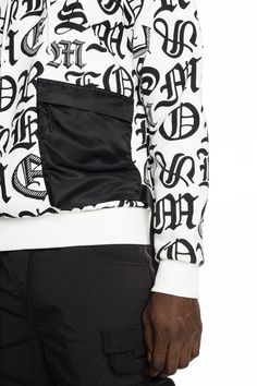 - Comfortable regular fit - 60% Cotton, 40% Polyester - White and Black - Knit fabric - Color coated metal string tip - Utility style - Black and white monogram pattern - Cargo nylon pocket with zipper closure Utility Style, Monogram Pattern, S Monogram, Jean Top, Denim Jacket Women, Mens Big And Tall, White Hoodie, Black Knit, Overall Shorts