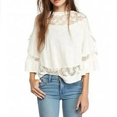 Free People | Nwt Love Affair Bell Sleeve Ivory 100% Cotton Lace Curved Hem Top In Size Medium Free People Love Affair Bell Sleeve Tee In Ivory. Embroidered Web Panel Insets Contrast The Solid Cotton Body Of A Tulip Bell Sleeve Blouse. Size M Ballet Neck Bell Sleeves Sheer Knit Mesh Panel Insets Curved Hem Banded Trim _______________________________________ Stock Photos May Be Included For Style And Fit. Please Review All Pictures, Video, Read Description Carefully And Ask Questions Before Commi Feminine White Tops For Fall, Feminine White Blouse For Fall, White Lace Top Blouse For Fall, Casual Off White Lace Tops, Casual Off-white Lace Tops, White Fall Brunch Tops, White Lace Tops For Fall, White Lace Top For Fall, Lace Tops For Fall Day Out