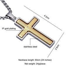 This stunning cross pendant will amaze everyone around you, handcrafted from high-quality stainless steel and plated with silver and gold. It showcases an enchanting three-dimensional figure of a cross with carved Bible verses. It is an excellent piece of jewelry to add iridescent shine on your fashion and style. This is also a fantastic present for your loved ones who are in love with wearing spiritual accessories to church.  Product Highlights:   Also goes with every style and any attire  100% non-allergic and made from eco-friendly materials  Also available in silver, blue and black two-tone  Perfectly polished to achieve the desired texture  Pendant dimension: 25mm x 42mm  Necklace length: 60 cm  Weight: 1.7 g Engraved Stainless Steel Cross Necklace, Metal Crucifix Cross Necklace As Gift, Metal Crucifix Cross Necklace Gift, Metal Crucifix Cross Necklace For Gift, Stainless Steel Crucifix Cross Necklace As Gift, Gold Stainless Steel Spiritual Cross Necklace, Gold Stainless Steel Crucifix Jewelry, Gold Spiritual Cross Necklace In Stainless Steel, Gold Stainless Steel Cross Pendant Necklace