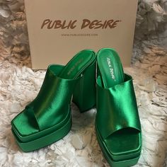 Public Desire Sky High Double Platform Mules In Green Satin. Brand New With Box. Full Platform For Comfort. Slip On. Box Says 7, Fits Me At 7.5/8 Green Block Heel Sandals For Night Out, Green Platform Sandals For Party, Green Synthetic Sandals For Night Out, White Platforms, Nude Platform Heels, Green Platform, Public Desire Shoes, Sequin Boots, Black Platform Sandals