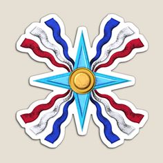 a star shaped sticker with red, white and blue ribbons around it's center