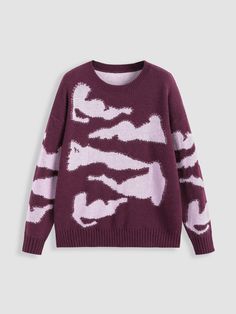 a purple sweater with white and pink paint on it Graphic Knit Sweater, Purple Silhouette, Shadow Silhouette, Textile Waste, Deep Maroon, Knitted Long Sleeve, Pinkish Purple, School Wear, Neckline Designs