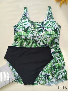 Ebeek - Elegant Plus Size Tankini Set for Women: Tropical Print Round Neck Tank Top and Panty Swimsuit Two Piece Set Sleeveless Green Printed Sets, Green Printed Sleeveless Set, Fitted Green Swimming Sets, Green Stretch Printed Tankini, Swimsuit Two Piece, Elegant Plus Size, Plus Size Tankini, Tankini Set, Plus Size Swimwear