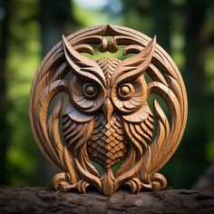 an owl statue made out of wood sitting on top of a tree branch