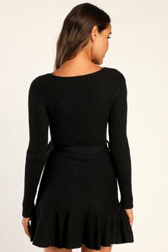 The Lulus Warm Emotions Black Skater Mini Sweater Dress is a winter 'fit that is sure to give everyone fuzzy feelings! Stretchy ribbed knit shapes long fitted sleeves that frame a flattering surplice bodice. Removable sash tie adds a fun accent at the waist, atop a flared skater skirt (with a contrasting knit pattern) that falls to a mini hem. Fit: This garment fits true to size. Length: Mid-thigh. Size medium measures 31.5" from shoulder to hem. Bust: Great for any cup size. Waist: Fitted - str Ribbed Long Sleeve Sweater For Night Out, Ribbed Sweater For Night Out In Winter, Winter Fitted Dress With Ribbed Neckline, Long Sleeve Sweater Dress For Winter Night Out, Black Fitted Sweater With Ribbed Neckline, Fitted Sweater For Night Out In Winter, Fitted Sweater Dress With Ribbed Neckline For Winter, Fitted Winter Sweater For Night Out, Flared Skater Skirt