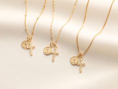 Tiny Cross and Jesus Charm / Gold Necklace / Miraculous Necklace / Jesus Christ / Religious Necklace / Cross Necklace / 14k Gold Filled - 14k Gold Filled 8.5mm Jesus Charm - 14k Gold Filled 8X15mm Cross Charm - (Dual Pendant) - Material: Gold Filled AVAILABLE CHAIN + Round Flat Gold Filled Chain + Curb Satellite Gold Filled + Box Chain Gold Filled AVAILABLE LENGTH + 16 inches + 17 inches + 18 inches - Pendant and Chain Material: 14k Gold Filled - Water-resistant, tarnish free, hypoallergenic, ni Crucifix Charm Necklace As Gift, Crucifix Charm Necklace For Gift, Delicate Crucifix Chain Necklace As Gift, Crucifix Necklaces Tarnish Resistant Gift, Box Chain Gold, Jesus Necklace, Tiny Cross, Necklace Cross, Earring Stand