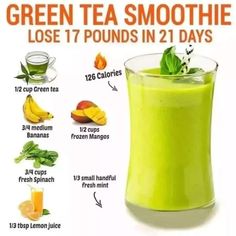 a green tea smoothie is in a tall glass with the ingredients to make it