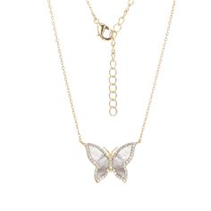 Introducing our exquisite Pave Outline Colored Stone Butterfly Necklace. Crafted from resilient brass and plated with lustrous 14K gold, it boasts a delightful array of colored natural stones - Mother of Pearl, Malachite, Onyx, and Turquoise. Adorned with sparkling clear CZ stones and featuring a charming 15mm butterfly pendant, this necklace exudes elegance. With a length of 16" and a 2" extender, it offers both style and versatility. Elevate your look with this enchanting piece today! Product Details Made from Brass 14K Gold Plated Colored Natural Stone: Mother Of Pearl, Malachite, Onyx, & Turquoise Clear CZ Stones Butterfly Size: 15MM Length: 16" + 2" Available For Pre-Order Gold Necklaces With Gemstone And Mother Of Pearl, Gold Necklace With Gemstone And Mother Of Pearl, Gold Mother Of Pearl Necklace With Gemstone, Dainty Yellow Gold Plated Necklace, Delicate Gold-plated Gemstone Necklace, Delicate Gold Gemstone Necklace, Delicate Gold Necklace With Gemstone, Gold Dainty Mother Of Pearl Jewelry, Dainty Gold Mother Of Pearl Necklace