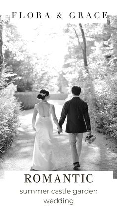 a man and woman holding hands walking down a path with the words romantic summer castle garden wedding