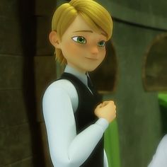 the animated character is dressed in black and white with blonde hair, holding his hand on his chest