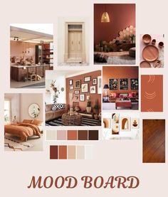 there is a collage of different rooms in the same color scheme, including oranges and browns