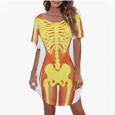 Funny Women's Body Printed T Shirt Short Sleeve Beach Cover Sz M Costume Nwt Yellow Crew Neck T-shirt For Beach, Stretch Short Sleeve T-shirt For Vacation, Stretch T-shirt For Vacation With Short Sleeves, Vacation T-shirt With Stretch, Short Sleeve, Stretch Graphic Print T-shirt For Beach, Fitted White Summer T-shirt, White Fitted Summer T-shirt, Yellow Summer T-shirt For Loungewear, Yellow T-shirt For Summer Loungewear