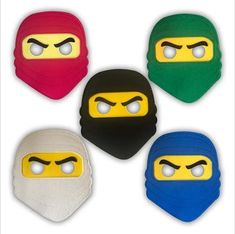 four ninja masks are shown in different colors and sizes, with eyes drawn on them