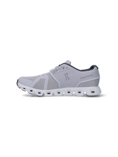 ON Cloud 5 Sneakers, grey recycled mesh, round toe, lace-up closure, printed logo tab, tone-on-tone side and back logo, white rubber sole. Sporty Gray Lace-up Running Shoes, Gray Lace-up Sneakers, Custom Lace-up Running Sneakers With Air Cushioning, Functional Gray Fade-resistant Walking Shoes, Comfortable Gray Walking Shoes With Air Cushioning, Functional Custom Sneakers For Light Sports, Comfortable Breathable Gray Sneakers, Gray Fade-resistant Running Shoes For Light Sports, Functional Gray Fade-resistant Sneakers