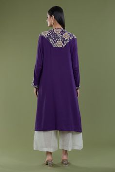 Purple kaftan with zardozi, thread, sequin, bead embroidery in floral pattern. Paired with pant. - Aza Fashions Purple Long Sleeve Sharara With Intricate Embroidery, Bollywood Style Embroidered Long Sleeve Palazzo Set, Embroidered Anarkali Palazzo Set, Anarkali Embellished Tunic Kurta, Embroidered Long Palazzo Set For Eid, Long Palazzo Set With Dabka Work For Eid, Resham Embroidered Kaftan For Reception, Embellished Georgette Palazzo Set With Long Sleeves, Embellished Anarkali Kurta With Long Sleeves