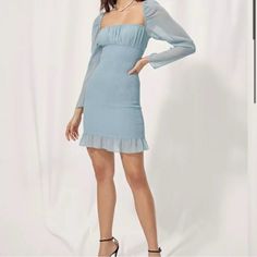 Questions? Leave A Comment Below! Light Blue Fitted Dress With Ruffles, Fitted Light Blue Dress With Ruffles, Blue Ruffles Fitted Bodice Mini Dress, Blue Mini Dress With Ruffles And Fitted Bodice, Blue Casual Dress With Fitted Bodice, Light Blue Fitted Mini Dress For Casual Wear, Light Blue Long Sleeve Ruched Dress, Fitted Light Blue Dress For Casual Wear, Light Blue Fitted Dress For Dress Down Occasions