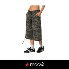 in stock Camouflage Relaxed Fit Bottoms With Elastic Waistband, Casual Camouflage Mid-rise Bottoms, Casual Mid-rise Camouflage Bottoms, Casual Short Capris With Relaxed Fit, Sporty Camouflage Bottoms With Pockets, Sporty Spring Bottoms For Weekend Wear, Summer Athleisure Cotton Capris, Sporty Spring Weekend Bottoms, Sporty Spring Weekend Wear Bottoms