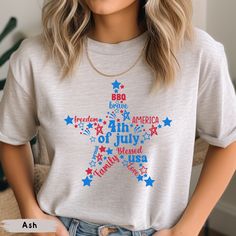 Fourth of July shirts are a great way to show your patriotism during Independence Day celebrations. Feel free to choose the one that resonates with your style and wear it proudly on the 4th of July! 🌸 READY TO ORDER, SO PLEASE:  ✔ Review our photos with size and color chart  ✔ Select your size and color in the drop down menus  ✔ Choose the number of T-shirts you want  ✔ Don't forget to add your personalization  🌸 T-SHIRT DETAILS:  ✔ Made from soft, breathable cotton fabric, offering comfort an Patriotic Short Sleeve T-shirt With Star Print, Patriotic Star Print Short Sleeve T-shirt, Patriotic Star Print Top For Independence Day, Patriotic Pre-shrunk Shirt For 4th Of July, Patriotic Letter Print Shirt For 4th Of July, Patriotic Flag Print Shirt For 4th Of July, Patriotic Shirt With Flag Print For 4th Of July, Patriotic Shirt With American Flag Print For Independence Day, Patriotic American Flag Shirt For 4th Of July