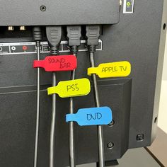 four different colored tags attached to the back of a computer server's front panel