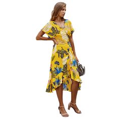 Yellow Wrap Ruffle Detail Summer Dress Summer Dress Women, Dresses Floral, Floral Dresses, Women Dresses, Summer Dress, Summer Dresses, Yellow, Floral, Dresses