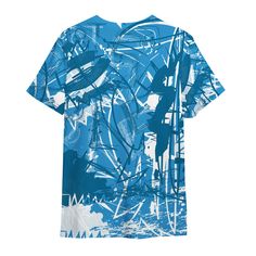 a t - shirt with blue and white paint splattered on the front, against a white background