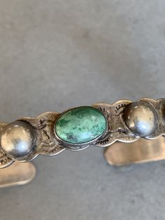 "Fred Harvey Era Sterling Turquoise Bracelet 6 x 1/4\" opening 7/8\" inside 5 1/2\"" Classic Handmade Turquoise Bracelets, Classic Turquoise Adjustable Bracelet, Classic Adjustable Turquoise Cuff Bracelet, Vintage Turquoise Oyster Bracelet, Elegant Turquoise Bracelet With Patina, Elegant Turquoise Bracelets With Patina, Antique Turquoise Adjustable Bracelet, Vintage Green Bracelet With Patina, Oval Turquoise Collectible Bracelet