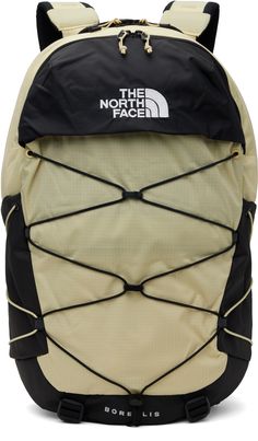 Water-resistant non-PFC DWR-coated recycled nylon ripstop and recycled polyester canvas backpack in beige and black. · Padded carry handle · Padded adjustable shoulder straps · Press-release sternum strap · Logo and text embroidered at face · Zip compartment · Bungee-style drawstring at face and sides · Mesh patch pocket at sides · Cinch straps at base · Zip laptop compartment at back face · Padded and quilted FlexVent™ back face · Two-way zip closure · Patch and zip pockets at interior · Recycl North Face Borealis Backpack, North Face Recon, Borealis Backpack, The North Face Borealis, North Face Jester, North Face Borealis, North Face Bag, Beige And Black, Duck Canvas