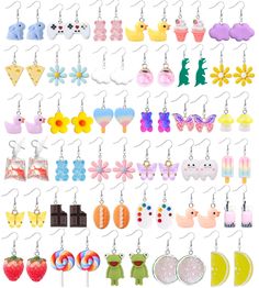 PRICES MAY VARY. Womens Cute Weird Earrings---One order you will receive 35 pairs different trendy styles cute weird earrings,such as: milk tea earrings, funny water bottle earrings, gummy bear earrings, flower,cloud, butterfly, lemon, strawberry，goldfish, mushroom earrings, ice cream, fruit food earrings, aesthetic earrings, duck earrings, Dinosaur, lollipop earrings and other weird earrings,enough style, and quantity for you to choose to match your outfit！ Aesthetic Design---These earrings are Playful Plastic Dangle Jewelry, Cute Multicolor Plastic Earrings, Kawaii Multicolor Dangle Earrings, Multicolor Dangle Earrings In Kawaii Style, Bear Water Bottle, Earrings Dinosaur, Tea Earrings, Flower Cloud, Duck Earrings