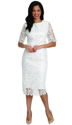 Diana 8005 1 piece Lace Dress Colors: Champagne, Ivory, Royal, White Sizes: 8, 10, 12, 14, 16, 18, 20, 22, 24 Simple Lace Dress, 1 Piece Dress, Church Suits And Hats, Church Dress, Belle Dress, Simply White, Church Dresses, Fashion Styles, Piece Dress