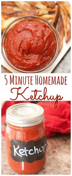 the recipe for homemade ketchup is shown in this collage with text overlay