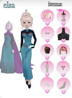 an animated image of a woman in blue dress with many different hair styles and accessories