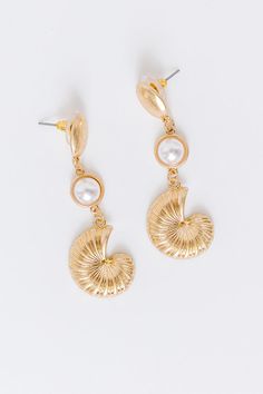 - Upgrade your style with these fabulous dangling shell earrings. The shimmering gold seashells and faux pearls cascade gracefully from the ear, adding a touch of seaside charm. - Gold colored metal material - Oval shaped studs with dangling faux pearls and seashells - Post backs - Size: 2.2 inches Collecting Seashells, Seashell Earrings, Shell Earrings, Metal Material, Faux Pearl, Sea Shells, Gold Color, Shells, Size 2