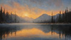 a painting of the sun setting over a mountain lake with trees in the foreground