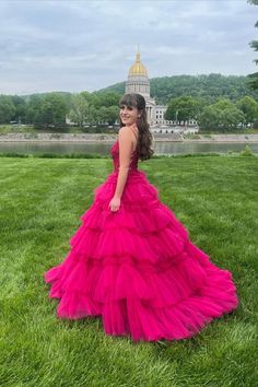 Straps Magenta Ruffle A-Line Dress Tiered Formal Dress, Layered Prom Dress, Tiered Prom Dress, Plunging Neck, Corset Bodice, Lace Corset, Neck Strap, Prom Gown, A Line Skirt