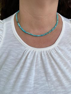 Our genuine Turquoise beaded necklace is a must-have this summer! **Updated with higher quality Turquoise. This Turquoise necklace is a staple piece in any wardrobe. It can be worn by itself for a more minimalist look or it can be layered or stacked with other necklaces for a statement piece. You can create many possibilities with it, think beach vibes or boho. Each necklace comes with a 2" inch extension, giving you multiple ways to wear it. If you do not want the extension, just let me know and I will get that done for you. Information: ✨ Genuine 4MM round Turquoise beads, high luster, not dyed or enhanced.  ✨ 18K Gold Filled ✨ Hypoallergenic ✨ Tarnish resistant ✨ Waterproof Turquoise is known to be the birthstone of December, it is a calming and protective stone known to keep the wearer Turquoise Single Strand Amazonite Beaded Necklace, Adjustable Turquoise Beaded Amazonite Necklaces, Turquoise Single Strand Necklace In Amazonite, Turquoise Amazonite Single Strand Necklace, Hand-strung Turquoise Amazonite Beaded Necklaces, Hand-strung Turquoise Amazonite Beaded Necklace, Turquoise Amazonite Hand-strung Beaded Necklaces, Turquoise Amazonite Single Strand Jewelry, Handmade Turquoise Amazonite Necklace