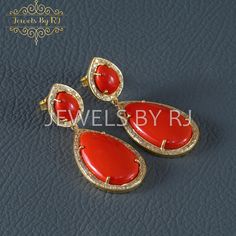 Item - 925 Silver Diamond & Gemstone Earring SKU - EAMJ-112 Metal -  925 Silver Gold Plating Stone - Synthetic Coral With Genuine Brown Diamond  ★ Notes : ✔ Don't forget to hit the favorite button in order to track the item on your favorites/wish list. ✔ Please kindly leave your phone number at checkout for delivery purposes. ♦ Other finishes and styles are available in our store! Message us for any custom work! ♦ ♥ I am more than happy to welcome you to my shop, please contact me for anything y Elegant Cubic Zirconia Earrings With Stone Setting, Elegant Cubic Zirconia Earrings With Stones, Formal Drop Earrings With Stones, Formal Stone Drop Earrings, Elegant Sterling Silver Earrings With Stone Setting, Fine Jewelry Drop Earrings Hallmarked, Sterling Silver Earrings With Stone Setting For Formal Occasions, Red Stone Setting Earrings For Gift, Fine Jewelry Stone Earrings For Weddings