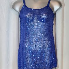 Sheer Blue Sequin Top/Nightie Size Large Adjustable Shoulder Straps From Smoke Free Pet Free Home New With Tags Blue Spaghetti Strap Camisole For Night Out, Blue Stretch Top For Sleep, Blue Sheer Fitted Sleepwear, Fitted Sheer Blue Sleepwear, Blue Fitted Sheer Sleepwear, Fitted Blue Sheer Sleepwear, Blue Camisole Top For Night, Blue Stretch Camisole For Loungewear, Stretch Blue Camisole For Loungewear