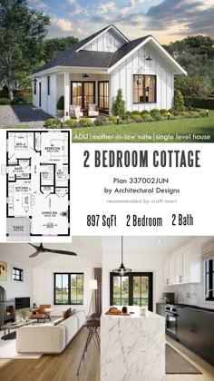 two bedroom cottage plan with 2 bathrooms and an attached kitchen, living room and dining area