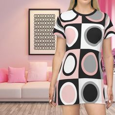 T shirt dress with retro print groovy geometric mini dress mid century mod dress gift for her hippie dress vintage color pattern mini dress Boho Shift Dress, Hippie Dress, Vintage Black Dress, Vintage Dress Patterns, Geometric Dress, Mid Century Mod, Hippie Dresses, Vintage Color, Retro Print