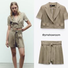 Shorts : High-Waisted , Front Pleats , Belted Blazer : Cropped, Not Lined 100% Linen Workwear Sets With Pockets And Short Shape, Khaki Sets With Pockets For Spring, Spring Workwear Sets In Khaki, Spring Workwear Khaki Sets, Khaki Workwear Sets For Spring, Chic Beige Sets With Pockets, Tailored Casual Summer Sets, Beige Sets With Pockets For Spring, Beige Sets With Pockets