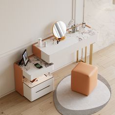 a living room with an ottoman, table and chair next to a mirror on the wall