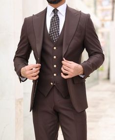 This is a Premium 3 Piece Suit crafted from high quality fabric and imported materials. Our products are handcrafted by experienced tailors who make sure the that the stitching is precise, lining is proper and the overall product is sturdy enough to not go out of shape for more than a few years. Also all our products have extra margins in their length, sleeves, sides so it's easily alterable if your size changes after some time. To see more available colours and designs in this collection, Check Brown Mens Suit, Mens Suit For Wedding, Suit For Wedding, Brown Suit, Staff Uniforms, Male Clothing, Jazz Funk, Suit Covers, Brown Wedding